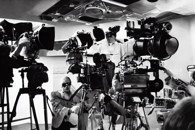 Image similar to Cinematography George Melies directing a shot from the trip to the moon movie. Cinema Camera, camera crew, movie set. Melies. Pathe. by Emmanuel Lubezky