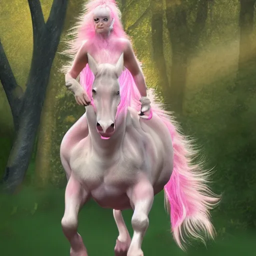 Prompt: female centaur running through the forest, fantasy, photo realistic, pink and white fur,