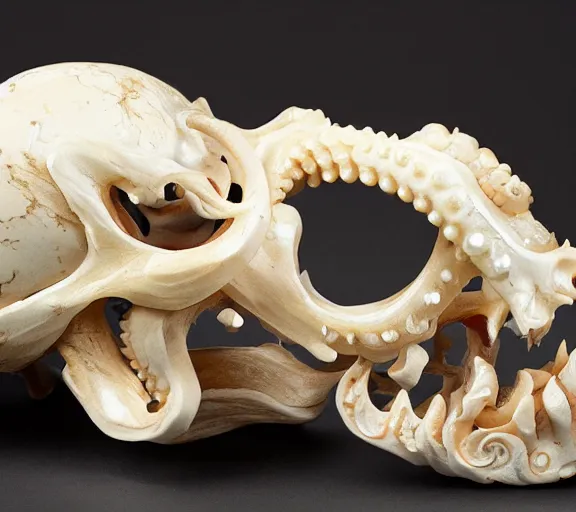 Image similar to an intricately detailed carving in an human - octopus skull, rococo ornate bone and ivory sculpted skull with teeth and tentacles, horror, artifact, micro detailed, inscribed with occult symbols, otherworldly