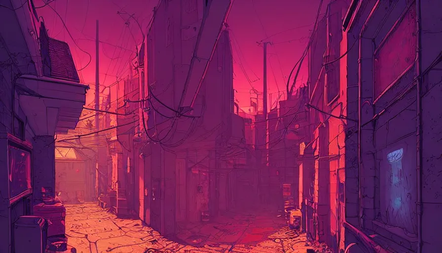 Image similar to an alley from counter strike global offensive by moebius and kilian eng, atmospheric, fine details, vivid, neon, masterpiece