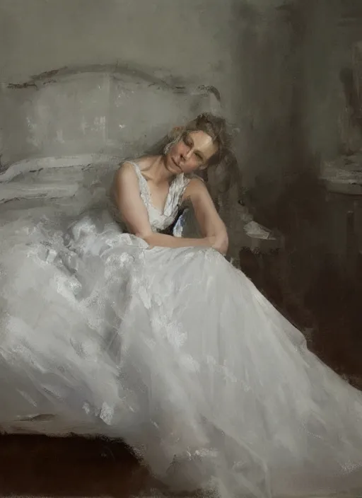 Prompt: portrait painting of a woman posing in an artistic over a bed, white victorian wedding dress by jeremy mann, only one head single portrait