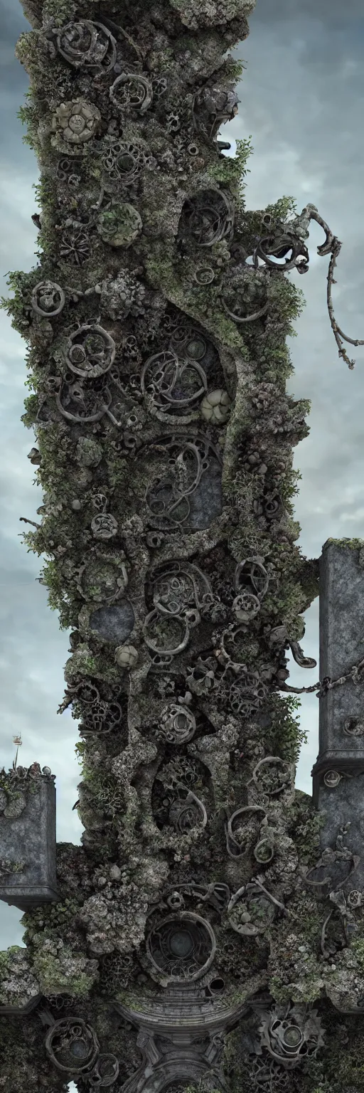 Image similar to ruined ancient lichen covered monument surrounded by biomechanical creatures,solarpunk , ultra realistic, hyper detailed, 8k, octane render