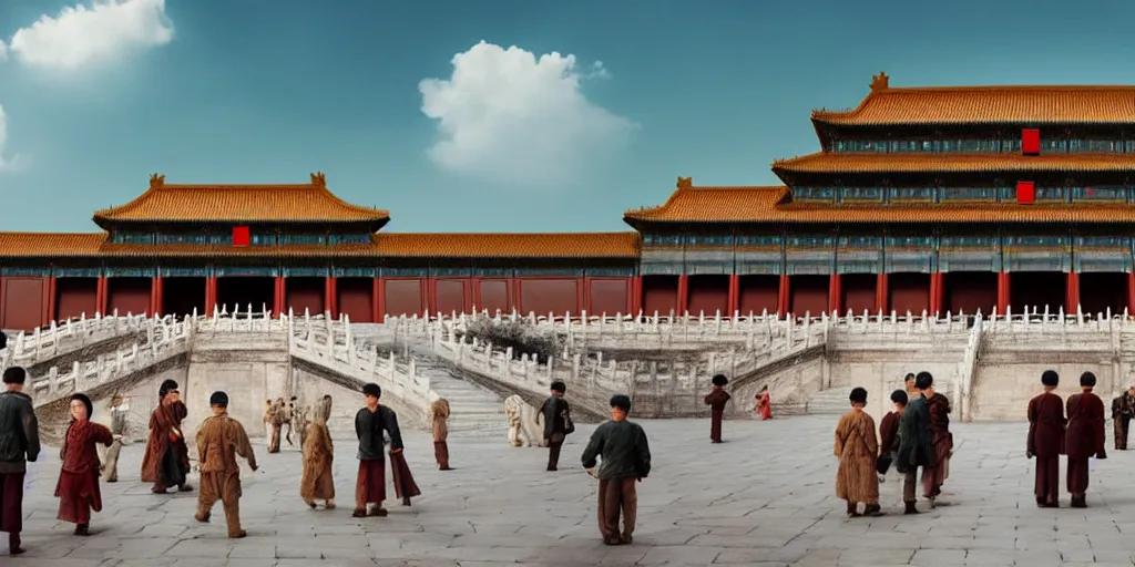 Image similar to a very high resolution image from a new movie, forbidden city, front view, photorealistic, photography, directed by wes anderson