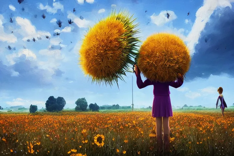 Prompt: giant thistle flower as head, a girl in suit in field of flowers, surreal photography, sunrise, blue sky, dramatic light, impressionist painting, digital painting, artstation, simon stalenhag