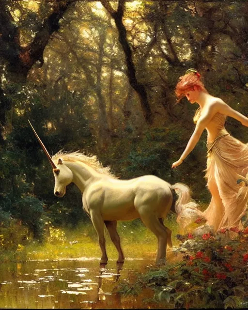 Image similar to a wild unicorn rears and points its hooves at an approaching wildcat, enchanted forest, painting by gaston bussiere, craig mullins, j. c. leyendecker