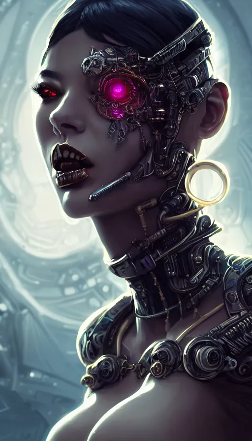 Image similar to soft lustrous ebony ivory biotech raver gutter punk gothic cyborg, golden ratio, details, scifi, fantasy, cyberpunk, intricate, decadent, highly detailed, digital painting, octane render, artstation, concept art, smooth, sharp focus, illustration, art by artgerm, loish, wlop