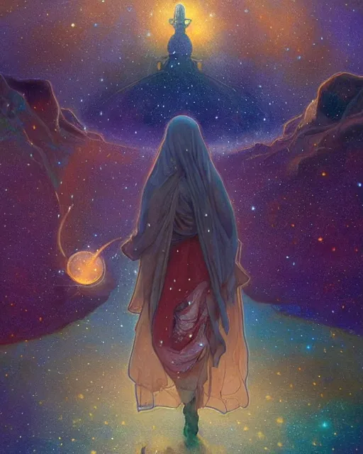 Image similar to bedouin child praying in galaxy walking towards mosque surrounded by nebula, highly detailed, gold filigree, romantic storybook fantasy, soft cinematic lighting, award, disney concept art watercolor illustration by mandy jurgens and alphonse mucha and alena aenami, pastel color palette, featured on artstation