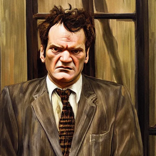 Image similar to high quality high detail painting by lucian freud, hd, portrait of tarantino