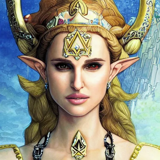 Prompt: portrait of natalie portman as princess zelda, illustrated by ayami kojima, highly detailed