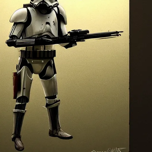 Image similar to an extremely long shot of an imperial stormtrooper in battle position ready to shoot his blaster concept art by Doug Chiang cinematic, realistic painting, high definition, very detailed, extremely high detail, photo realistic, concept art, the Mandalorian concept art style, green background