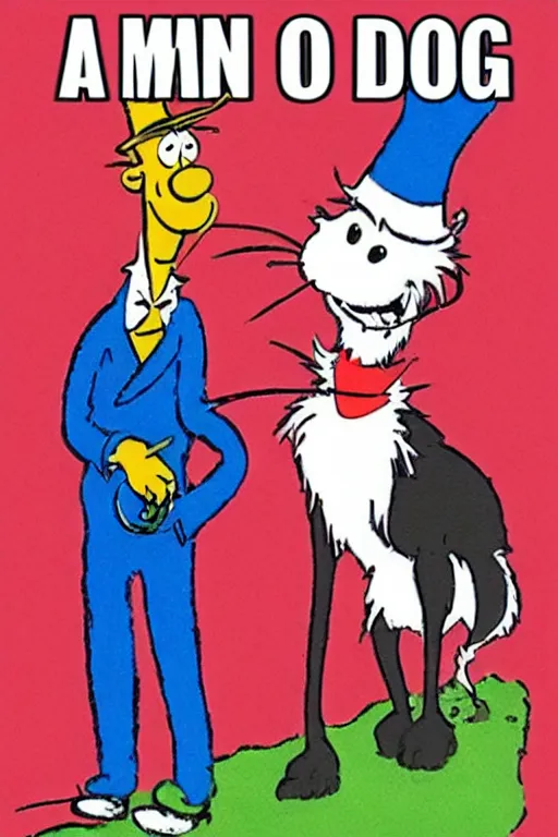 Prompt: a man walking his dog by dr. seuss