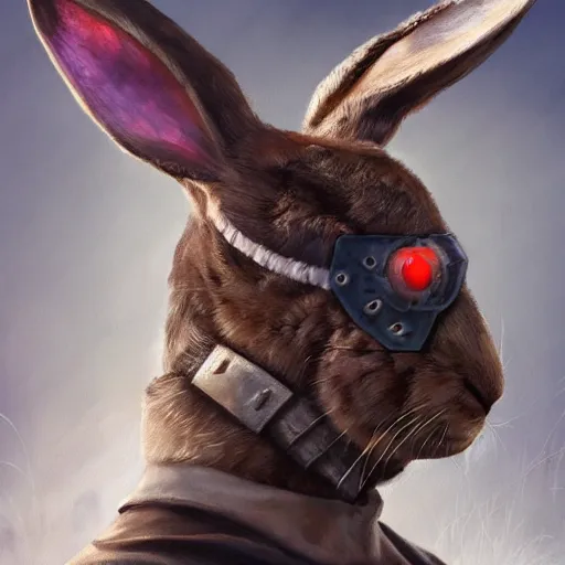 Prompt: half-length portrait of an armored hare character wearing an eyepatch, epic dramatic fantasy character art painting, trending on artstation