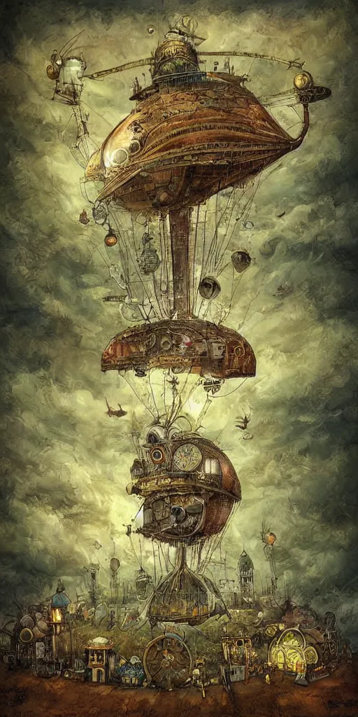 Prompt: a detailed digital painting of an organic steampunk living airship by alexander jansson and where's waldo and leonardo da vinci