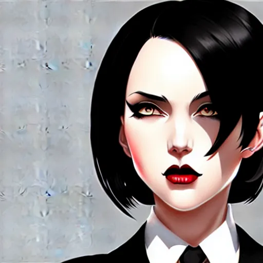 Image similar to slim cruel business girl in tuxedo with black bob hair, elegant, 2d, ultra highly detailed, digital painting, smooth, sharp focus, artstation, art by Ilya Kuvshinov