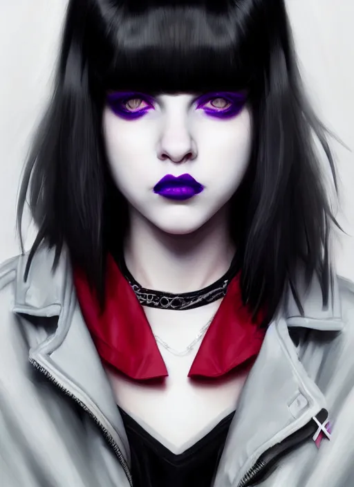 Prompt: portrait of white teenage girl, normal face, black bangs, mall goth, cyberlox, black and white hair, bangs, fluffy bangs, red contacts, purple lipstick, intricate, elegant, highly detailed, digital painting, artstation, concept art, sharp focus, smooth, illustration, art by wlop, mars ravelo and greg rutkowski