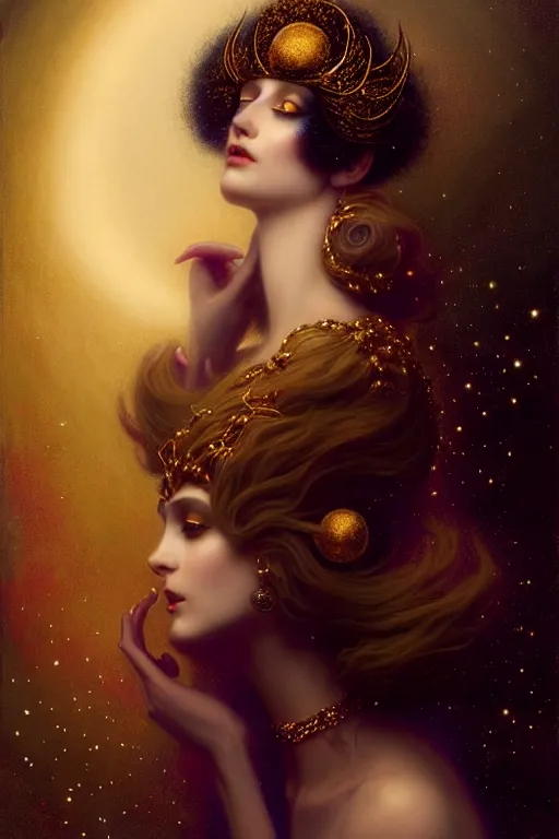 Image similar to Nocturne, glowing, stars, a portrait of a beautiful female shadow djinn creature with long fur collar, highly detailed, mysterious, ethereal, dressed in velvet and gold jewelry, haute couture, illustration, dramatic lighting, soft details, painting, by Edmund Blair Leighton, Brom, Charlie Bowater, trending on artstation, faces by Tom Bagshaw, otto schmidt