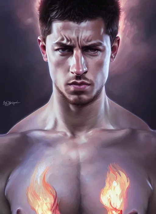 Prompt: portrait of aggressive eden hazard, d & d, muscular! white, fire, fantasy, intricate, elegant, highly detailed, digital painting, artstation, concept art, smooth, sharp focus, illustration, art by artgerm and greg rutkowski and alphonse mucha