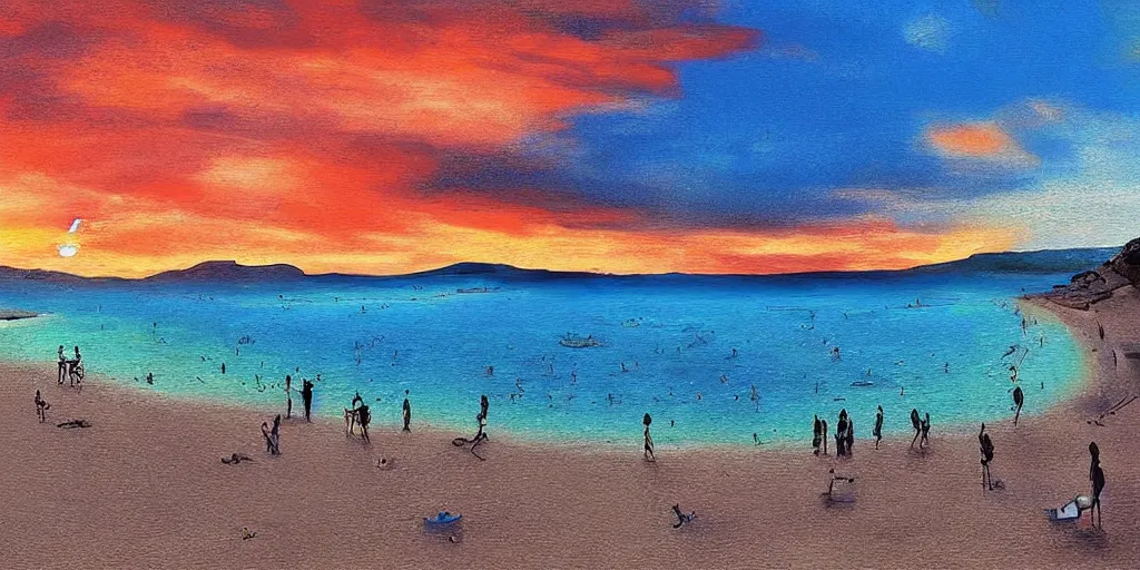 Image similar to People in beach, beach is between the two valleys, by Salvador Dali and Bob Ross collaboration, sun set, digital art, high details, drone wide shot