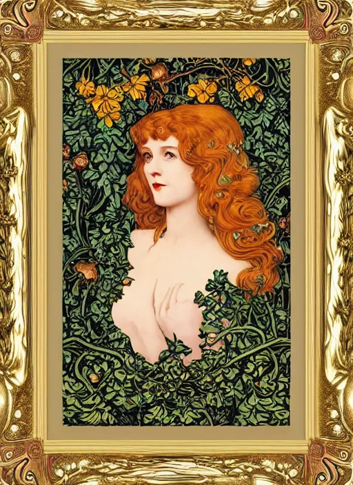 Image similar to masterpiece beautiful seductive flowing curves pinup pose preraphaelite face portrait photography, extreme close up shot, straight bangs, thick set features, yellow ochre ornate medieval dress, amongst foliage mushroom forest circle arch, william morris and kilian eng and mucha, framed, 4 k
