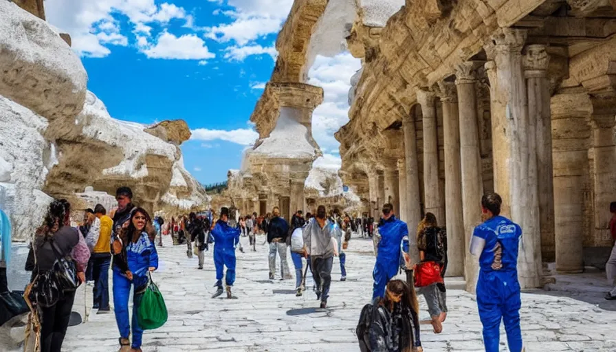 Image similar to a lush pamukkale high - tech city landscape with gold beautiful temples and royal blue mage wearing a space suit wondering around the luxurious street