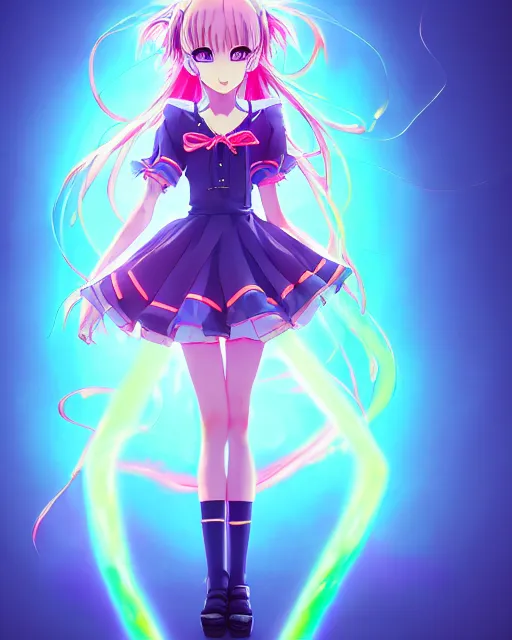 Image similar to anime style, vivid, expressive, full body, 4 k, painting, a cute magical girl idol with a long wavy hair wearing a dress fighting monsters, correct proportions, stunning, realistic light and shadow effects, neon lights, studio ghibly makoto shinkai yuji yamaguchi