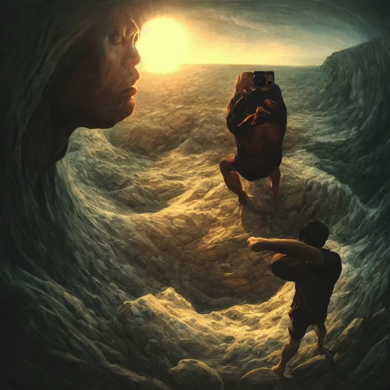 Image similar to selfie gopro footage, fisheye, man escaping hell, portrait painting, perfect composition, beautiful detailed intricate octane render, artstation, 8 k, photorealistic, volumetric cinematic light, chiaroscuro, masterpiece, raphael, bosch, caravaggio, beksinski, giger