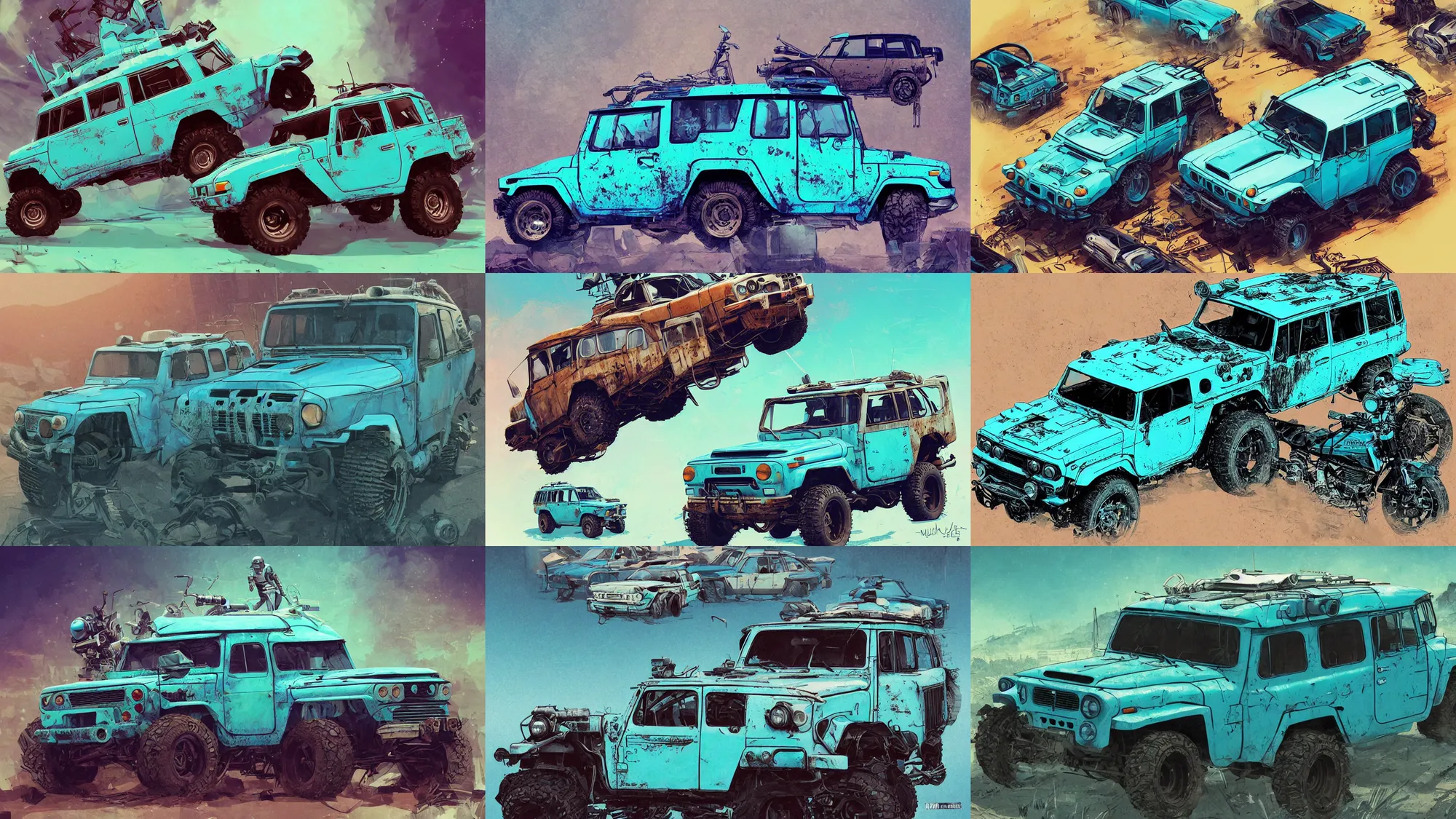 Image similar to digital illustration of a futuristic faded cyan mad max's fj 4 0 decrepit!!!! pursuit special, rusty!!! cyberpunk nissan fj cruiser heavily modded 1 9 9 0 s, the last v 8 interceptor by makoto shinkai, ilya kuvshinov, lois van baarle, rossdraws, basquiat