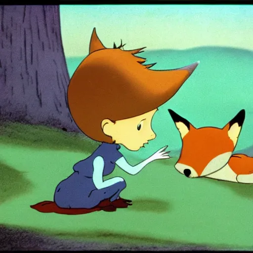 Image similar to the little prince talking to the fox, art by tim burton, animation shot