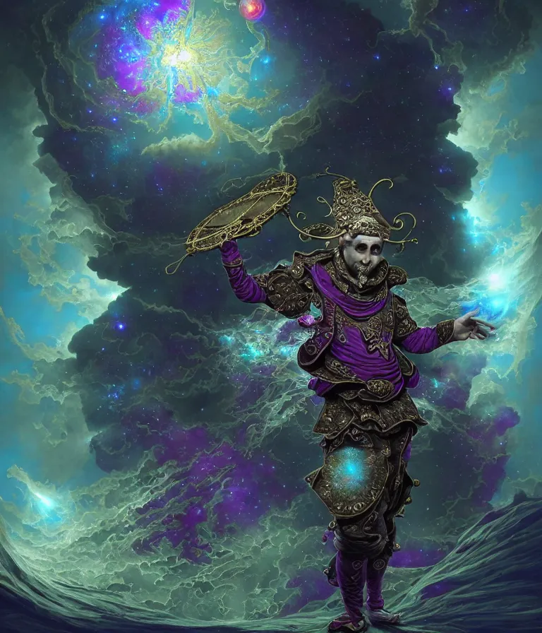 Image similar to front!!! shot of a court jester!!! character, mesmerizing fractal hypercubes, dark holography!!!, future, metallic nebula, crystalline edges, elegant, highly detailed, centered, (((artstation, concept art, jagged, sharp focus, artgerm, Tomasz Alen Kopera, Peter Mohrbacher, donato giancola, Joseph Christian Leyendecker, WLOP, Boris Vallejo))), ((raytracing)), mugshot!!!!!, ugly!!!!!!, octane render, nvidia raytracing demo, octane render, nvidia raytracing demo, octane render, nvidia raytracing demo, 8K