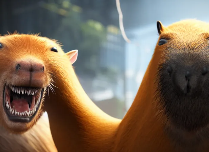 Image similar to venom fused with a capybara, ultra realistic 4 k unreal engine very cinematic render with ray tracing bloom ambient occlusion strong reflections depth of field fog