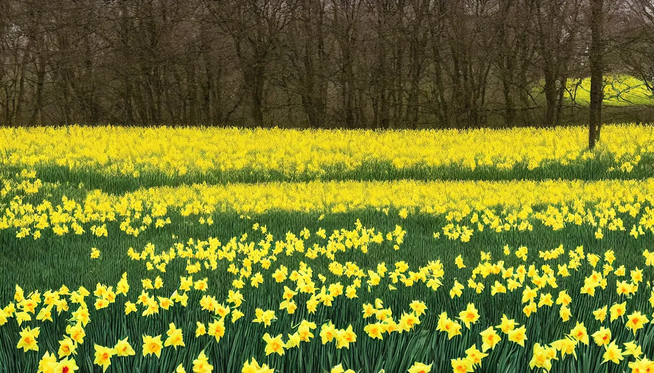 Image similar to i wandered lonely as a cloud that floats on high o'er vales and hills, when all at once i saw a crowd, a host, of golden daffodils ; beside the lake, beneath the trees, fluttering and dancing in the breeze