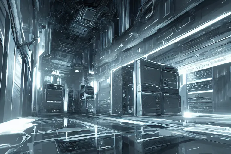 Image similar to parallax datacenter server room interior single mono colossus white rusty android guest robosaurus artstation cinematic detailed concept art sharp coherent cgsociety symmetric perfect well balanced shadows lotr swithes