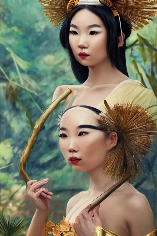 Prompt: stunningly beautiful, inuit geisha prima ballerina in jungle, symmetrical face, golden hour, smooth, focus, highly detailed, hyper realistic, dramatic lighting, elegant, intricate, concept art, art by wlop, mars ravelo, greg rutowski, artstation