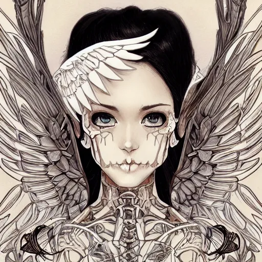 Image similar to anime manga skull portrait young woman with wings, angel halo, skeleton, intricate, elegant, highly detailed, digital art, ffffound, art by JC Leyendecker and sachin teng