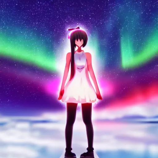 Image similar to anime girl standing on the aurora borealis that is trapped in the ice within the artic, starry sky