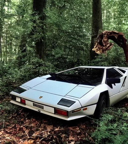 Prompt: 1988 Lamborghini Countach hanging from a tree by invisible force Abandoned in the Woods