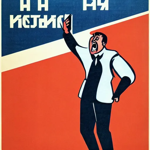 Prompt: soviet era propaganda poster of a man yelling at a smartphone