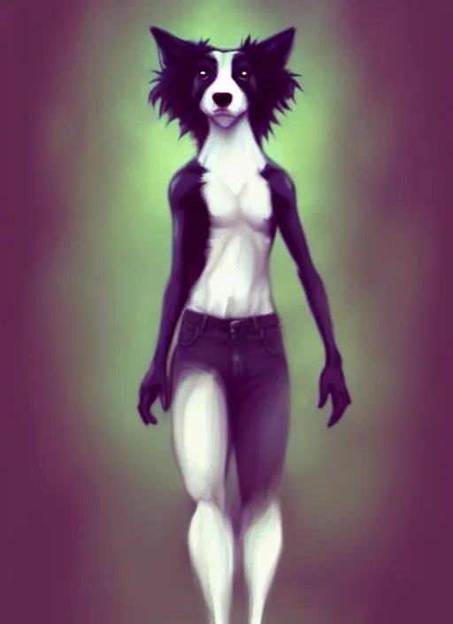 Prompt: wide angle beautiful full body portrait of a cute male anthropomorphic anthro border collie fursona wearing a tank top, character design by charlie bowater, henry asencio, and ross tran, furry art, furaffinity, beautiful, glamor pose, detailed, aesthetic, trending on artstation