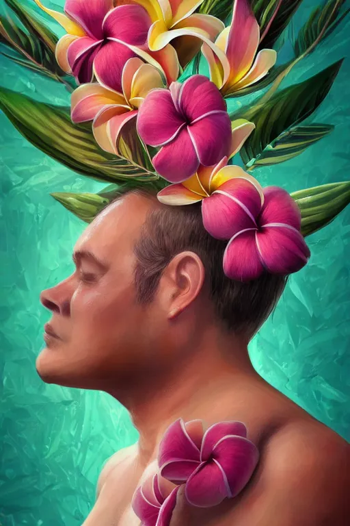 Image similar to ultra realistic illustration, portrait of fatty prime rib, plumeria tropical bouquet background, close up shot, fantasy, intricate, elegant, highly detailed, digital painting, artstation, concept art, smooth, sharp focus, illustration, surrealism