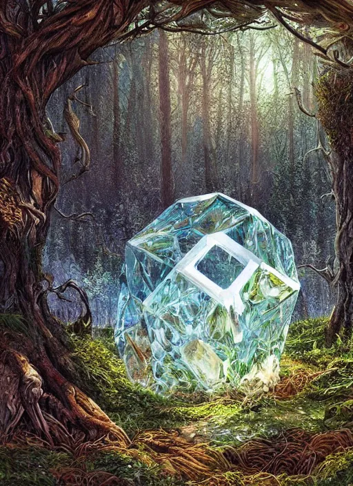 Image similar to a crystal cube in a forest, highly detailed, intricate, concept art, art station, cinematic light, realistic, ethereal light, art by Terry Moore