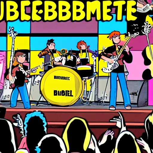 Prompt: bumblebee rock band with instruments on stage from an archie comic book