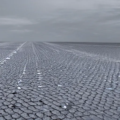 Image similar to realistic photo of flat broken mirrors stretching to the horizon