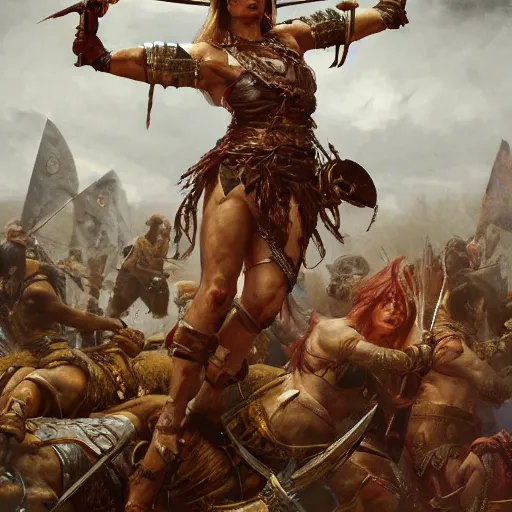 Prompt: the barbarian warrior queen stands victorious on the bloody battlefield over the bodies of her dead enemies, hyper realistic, 4k, rule of thirds, extreme detail, detailed drawing, trending artstation, hd, fantasy, D&D, realistic lighting, by Alphonse Mucha, Greg Rutkowski, sharp focus