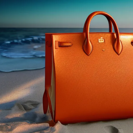 Image similar to a closeup photorealistic photograph of a smiling bichon frise peeking out of a Hermes handbag at the beach during sunset This 4K HD image is Trending on Artstation, featured on Behance, well-rendered, extra crisp, features intricate detail and the style of Unreal Engine.