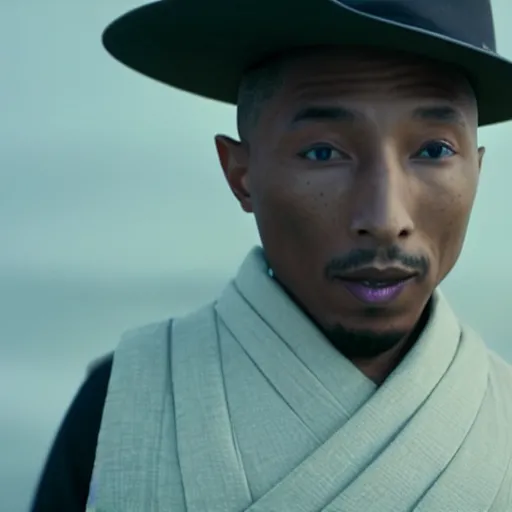 Image similar to cinematic film still Pharrell Williams starring as a Samurai with fire, Japanese CGI, VFX, 2003, 40mm lens, shallow depth of field,film photography