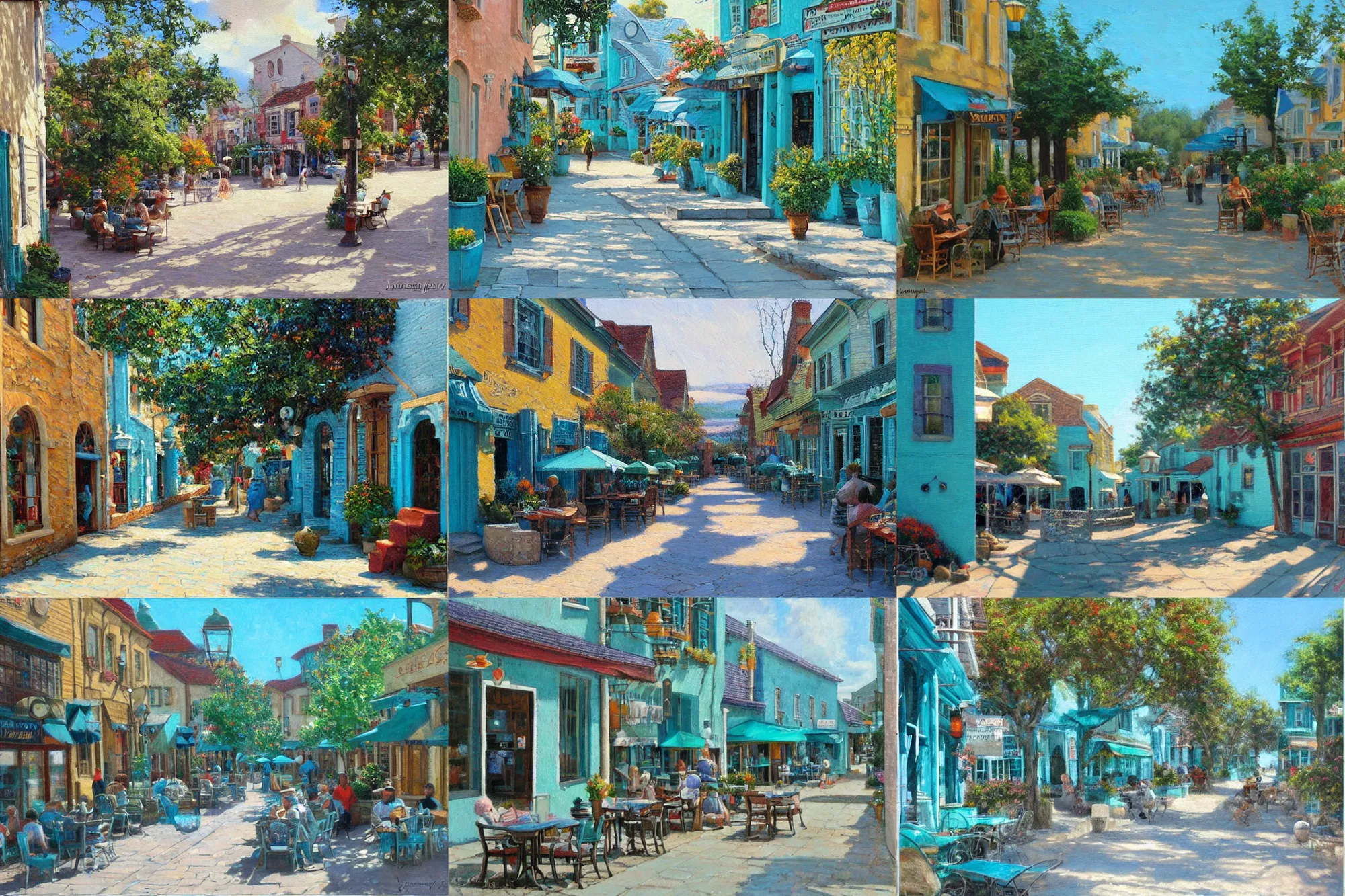 Prompt: street of teal - stone, sunlight and whimsical houses, cafe tables, painting by james gurney