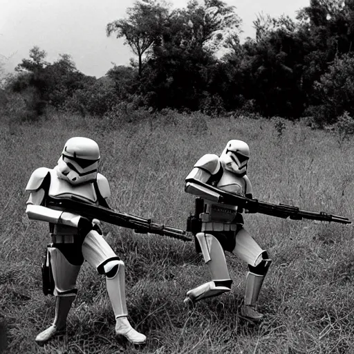 Prompt: star wars clone troopers combat soldiers in vietnam, photo, old picture, lush landscape, field, firearms, explosions, x wings, aerial combat, active battle zone, flamethrower, air support, jedi, land mines, gunfire, violent, star destroyers, star wars lasers, sci - fi, jetpacks, agent orange, bomber planes, smoke, trench warfare