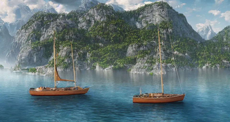 Image similar to A beautiful hyper realistic ultra detailed lifelike matte painting of traditional austrian sailboat on a lake, unreal engine, deviantart, flickr, artstation, octane render, textured, colorful, extreme realistic detail, physically based rendering, pbr render, very detailed, volumetric lighting, detailed lighting, octane render, 4k, cinematic lighting, 8k resolution