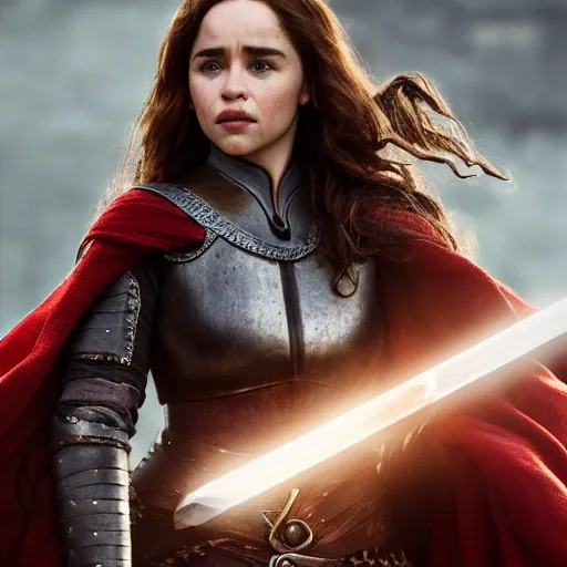 Prompt: emilia clarke, as a medieval fantasy character, with dark reddish hair, wearing light, silver armor and red clothing, tan complexion, holding a longsword, neutral expression, noble, cinematic, dark, realistic, digital art, 8 k