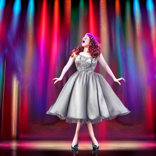 Prompt: beautiful actress singing on a stage of a broadway musical, colorful dress, tall decorations, grey setting, extremely detailed, professional photography, theatrical lighting, volumetric lighting, hyperrealism